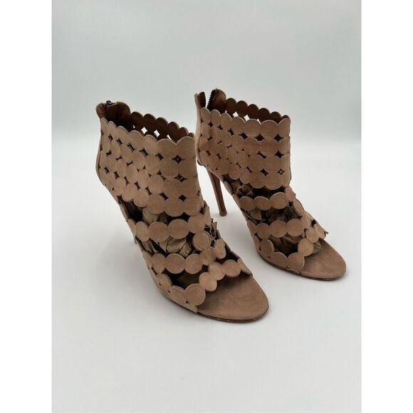 Alaia Paris Laser Cut Suede Booties Sandals Heels Nude Made in Italy 37.5 - Picture 1 of 14